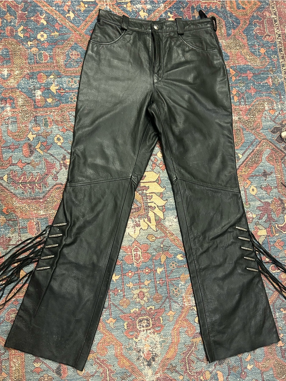 Harley-Davidson Biker Black Leather Fringe Pants Jeans Teal Satin Lining Rock